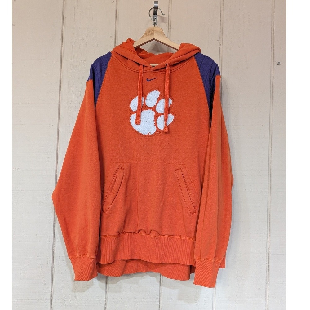 Y2k Nike Clemson Tigers Hoodie XL‎ Orange Pullover Center Swoosh Embroidered